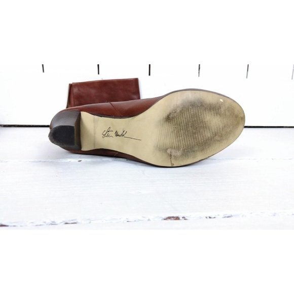 90s brown tall cuffed high heel leather boots rounded toe boots - Picture 7 of 7